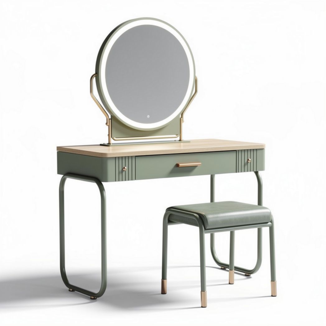 Green metal vanity set with round mirror and wooden top 100 x 50 x 75cm