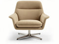 Swivel lounge chair with soft fabric upholstery and metal base in beige