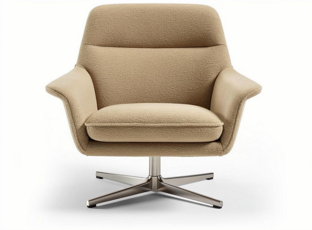 Swivel lounge chair with soft fabric upholstery and metal base in beige