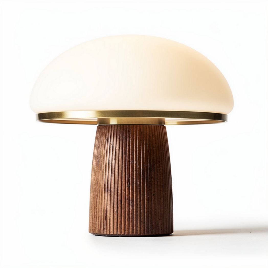Mushroom shape table lamp with wood base and frosted glass shade 30 x 30 x 40cm