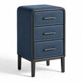 Denim upholstered bedside table with three drawers and black legs 40 x 30 x 60cm