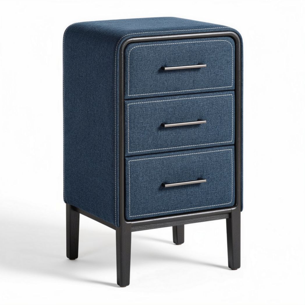 Denim upholstered bedside table with three drawers and black legs 40 x 30 x 60cm