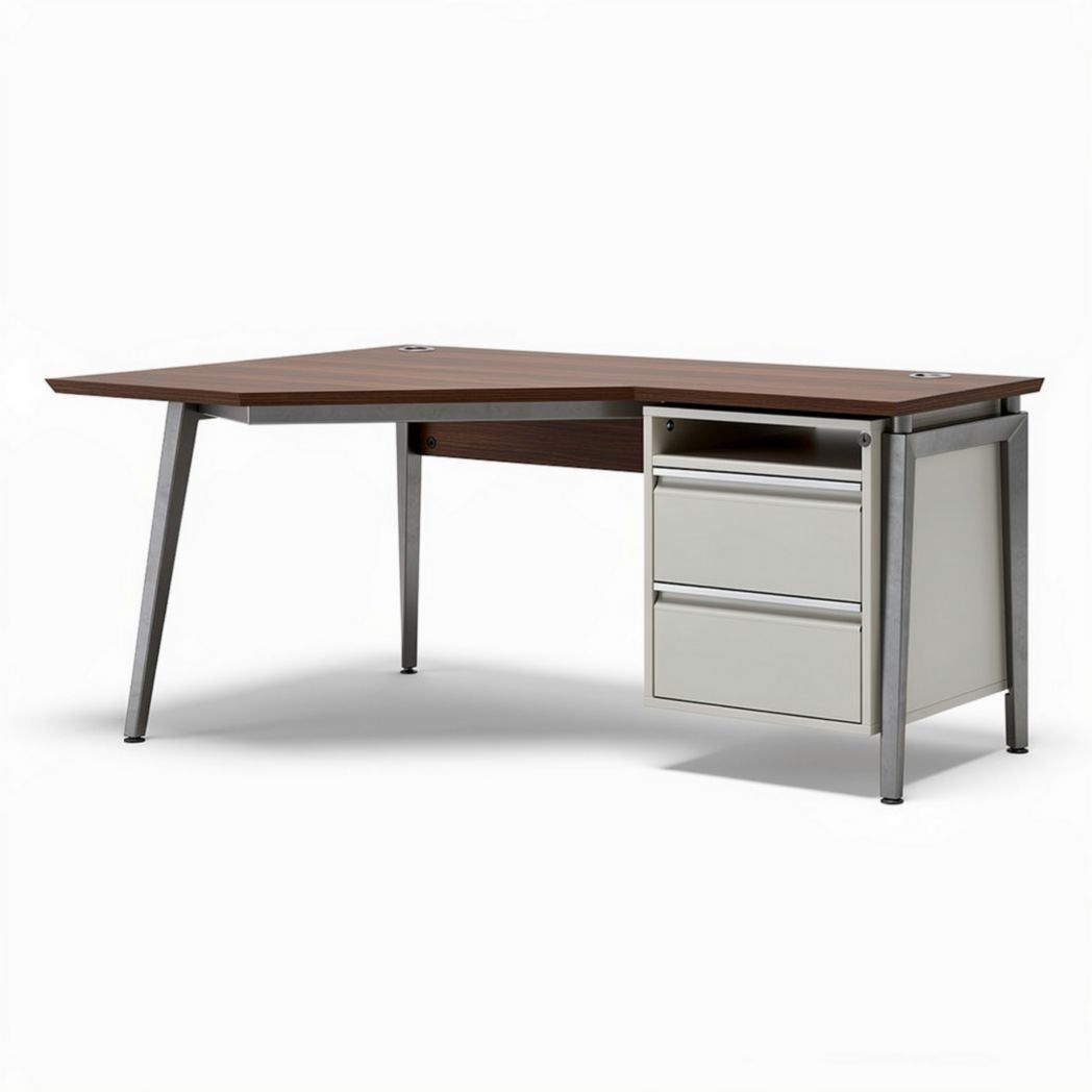 L-shaped office desk with two drawers walnut finish and silver legs 150 x 100 x 75cm
