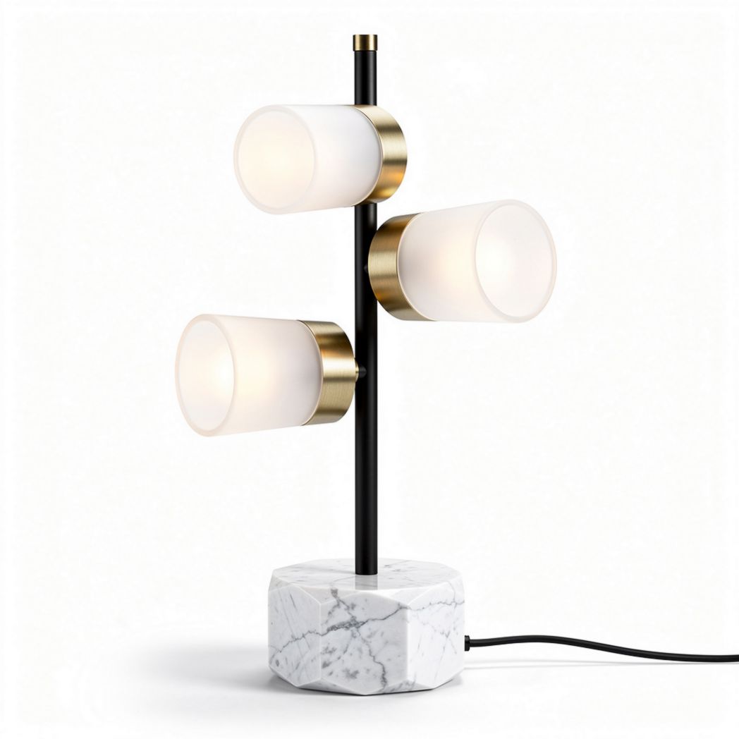 Three-light table lamp with marble base and black metal accents 30 x 30 x 60cm