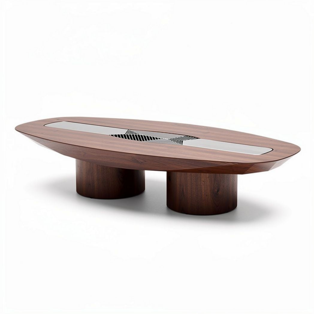 Wooden coffee table with glass top and two cylindrical bases 120 x 60 x 30cm
